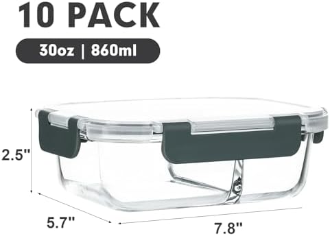 M MCIRCO 10 Pack,30 oz, 2 Compartments Glass Meal Prep Containers with Lids - Image 2
