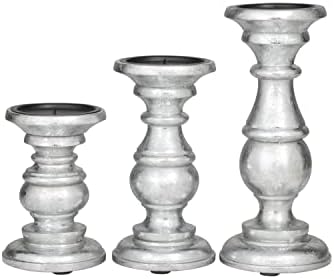 Deco 79 Traditional Mango Wood Pillar Candle Holder, Set of 3 10", 8", 6"H, Silver - Image 6