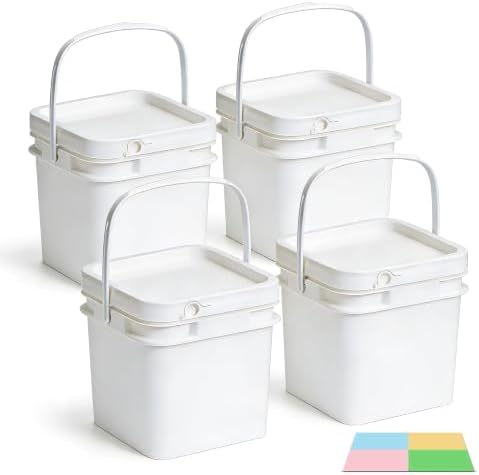 34 oz Food Storage Buckets with Lids, 4 Pack Square BPA Free Plastic Containers with Handles and Labels for Snacks, Meal Prep, Pantry and Freezer (White) by UMETASS