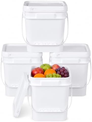 1 Gallon Food Storage Buckets with Lids, 4 Pack Square BPA Free Plastic Containers with Handles and Labels for Rice, Flour, Snacks and Kitchen Storage (White) by UMETASS