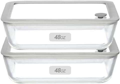 Glass Food Containers with Glass Lid, Microwave Safe Food Storage Container Set, 2 Pack of 48oz, Large Size Meal Prep Storage Set with Airtight Leak Proof Lid. by Eco-Evo