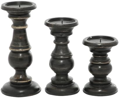 Deco 79 Mango Wood Decorative Candle Holder Distressed Turned Pillar Candle Stand, Set of 3 Candlestick Holder 6", 8", 10"H, Black - Image 2