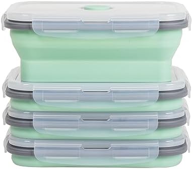 Collapsible Food Storage Containers with Lids & Vent, 27 oz, Kitchen Stacking Silicone Collapsible Meal Prep Container Set for Leftover, Microwave Freezer Dishwasher Safe, Mint Green, 4 Pack by Annaklin