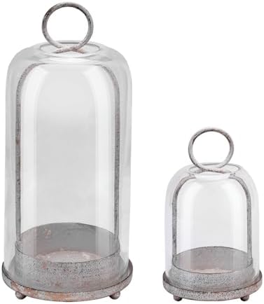 5" & 4" Wide Versatile Metal Candle Holder in Shabby White with Handmade Thick, Heavy & Sturdy Glass Dome for Pillar Candle, Industrial, Modern, Shelf, Mantel, Veranda, Porch by Unknown