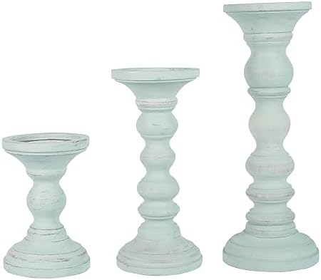 Mela Artisans Willow Mango Wood Candle Holders - Opal Blue, Set of 3 by MelaArtisans
