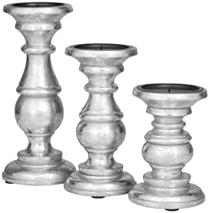 Deco 79 Traditional Mango Wood Pillar Candle Holder, Set of 3 10", 8", 6"H, Silver - Image 7