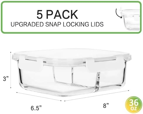 M MCIRCO 5 Pack,36 oz, 3 Compartments Glass Meal Prep Containers with Lids - Image 2
