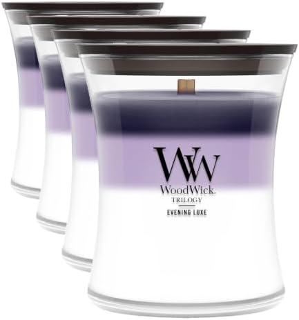 WoodWick Medium Hourglass Candle Evening Luxe - Premium Soy Blend Wax Pluswick Innovation Wood Wick Made in USA (Pack of 4) by WoodWick