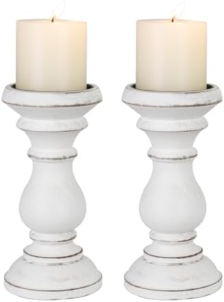 Candle Holder for Pillar Candle Set of 2, Farmhouse Wood Candle Holder, Rustic Wooden Candle Stand, Vintage Wooden Candlestick Holders Decorative for Living Room, Table Centerpiece, Antique White by CEDARLUX