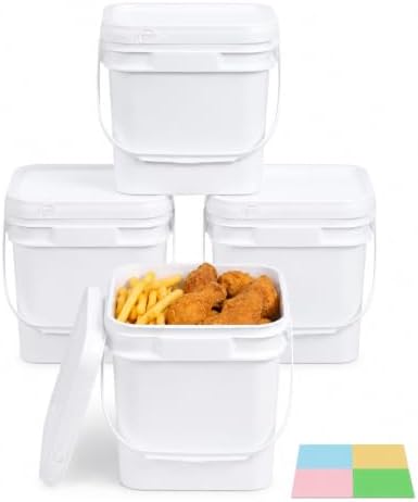 Bucket with Lid - 4 Packs Square Plastic Storage Containers, Food Safe with Handle, Airtight Pressure Lids for Kitchen & Home (White, 0.8 gal) by UMETASS
