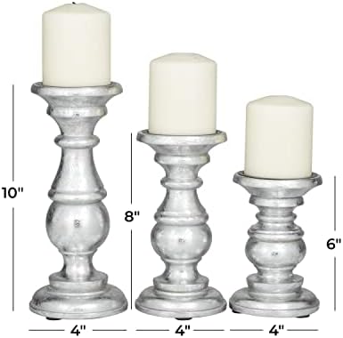 Deco 79 Traditional Mango Wood Pillar Candle Holder, Set of 3 10", 8", 6"H, Silver - Image 3