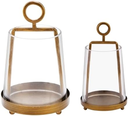 6" & 4" Wide Modern Farmhouse Metal Hurricane Candle Holder with Handmade Sturdy Glass Sleeve in Antique Brass for Pillar Candle & Plants, Glass Hurricane Lantern, Industrial, Minimalistic by Unknown
