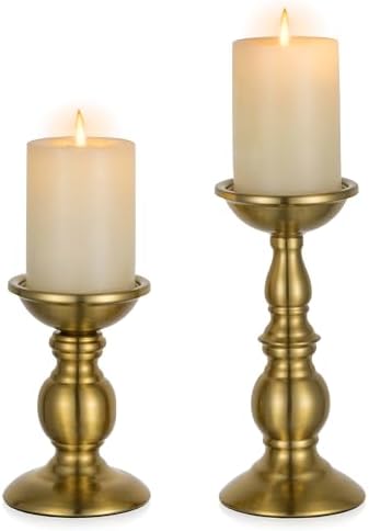 NUPTIO Gold Candle Holder for Table: Tall Brass Stand for 3" Pillars by Nuptio