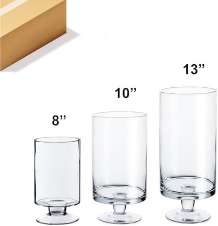 WGVI Clear Glass Pedestal Hurricane Candle Holder,8"+10"+13" H, Decorative Vase for Pillar Candles, Short Stemmed Candleholder Cylinder, Tabletop Home Décor, 1 Set of Larger 3 Sizes - Image 2