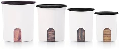 Tupperware One Touch Reminder Canisters 4 Canister Food Storage Set in White & Black, Dishwasher Safe and BPA Free, (4 Containers, 4 Lids) by Tupperware