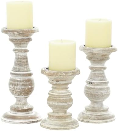 Deco 79 Mango Wood Decorative Candle Holder Turned Style Pillar Candle Stand, Set of 3 Candlestick Holder 6", 8", 10"H, Cream by Unknown