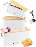 Kitchen Vegetable Storage Set of 3, Metal Onion Garlic Potato Storage Set, Kitchen Canisters Vegetable Keeper Containers with Aerating Holes and Bamboo Lid,Embossed White by Dekosilave