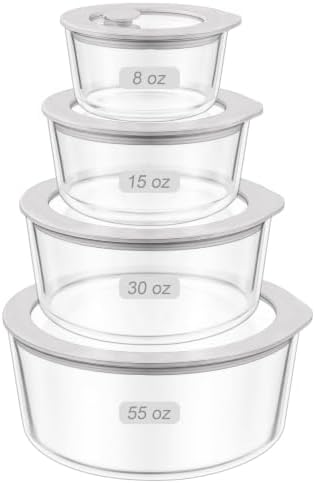 Glass Food Containers with Glass Lid, Microwave Safe Food Storage Container, Large 4 Pack Round Shape, Food Containers with Lids, Meal Prep containers with Leak Proof Lid. by Eco-Evo