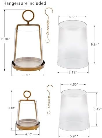 9" & 6" Wide Modern Farmhouse Metal Hurricane Candle Holder with Handmade Sturdy Glass Sleeve in VintageBrass for Pillar Candle & Plants, Glass Hurricane Lantern, Industrial, Minimalistic - Image 2