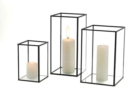 PHOSPHOR Glass Hurricane Candle Holder Set of 3 PCS Large Glass Square Candle Holder Black Lanterns Decorative for Pillar Candle Indoor Candle - Image 2