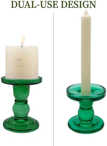 Green Glass Candle Holders Set of 3 Clear Candlestick Holders Vintage Candle Stands for Pillar Taper Candle Tealight Home Decor Table Centerpieces Christmas, Candleholder Sets with 4 Pcs Taper Candles - Image 3