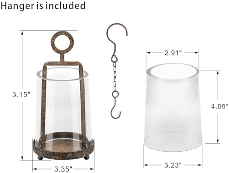 3.3" Wide Modern Farmhouse Metal Hurricane Candle Holder with Handmade Sturdy Glass Sleeve in Rustic Brown for Tealight Candle & Plants, Glass Hurricane Lantern, Industrial, Minimalistic - Image 2