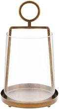 9" Wide Modern Farmhouse Metal Hurricane Candle Holder with Handmade Sturdy Glass Sleeve in Vintage Brass for Pillar Candle & Plants, Glass Hurricane Lantern, Industrial, Minimalistic by Unknown