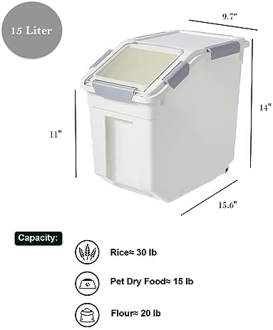 HANAMYA 15 Liter / 30 lbs Rice Storage Container with Measuring Cup, BPA free, For Rice | Grain | Pet Food | Flour, 2 count, White - Image 3
