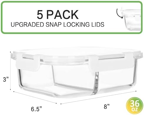 M MCIRCO 5 Pack,36 oz, 2 Compartments Glass Meal Prep Containers with Lids - Image 2