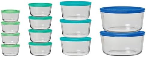 Anchor Hocking 26 Piece Glass Storage Containers with Lids (13 Glass Food Storage Containers & 13 Mixed Blue SnugFit Lids) by AnchorHocking