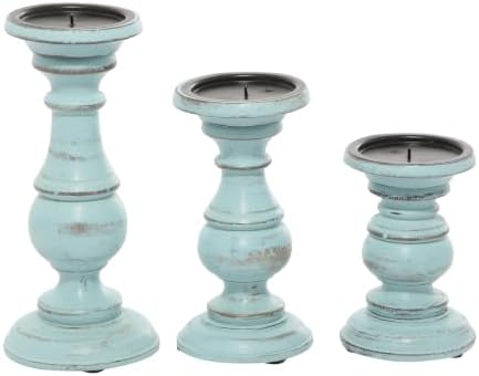 Deco 79 Mango Wood Decorative Candle Holder Distressed Turned Pillar Candle Stand, Set of 3 Candlestick Holder 6", 8", 10"H, Light Blue - Image 2