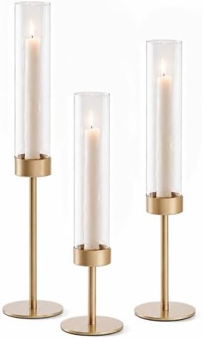 POKINE Glass Hurricane Candle Holders for Candlestick, Gold, Set of 3 by Unknown