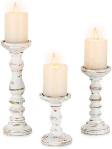 Candeldo Wood Candle Holders for Pillar, White Farmhouse Fireplace Decor by CANDELDO