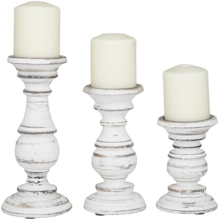 Deco 79 Mango Wood Decorative Candle Holder Turned Style Pillar Candle Stand, Set of 3 Candlestick Holder 10", 8", 6”H, White by Unknown