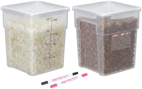 2 Pack 8 QT BPA-Free Translucent Polypropylene Commercial Food Storage Containers, Airtight Lids, Stackable Ingredient Storage for Flour, Sugar & Prep, 2 Markers Included by GATBO