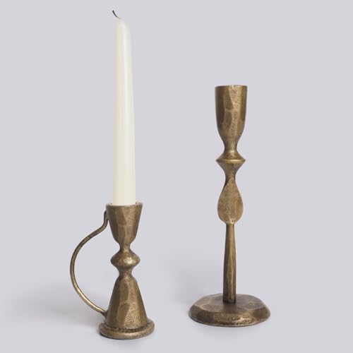 Antique Brass Cast Iron Candle Holders Set of 2 by SUJUN