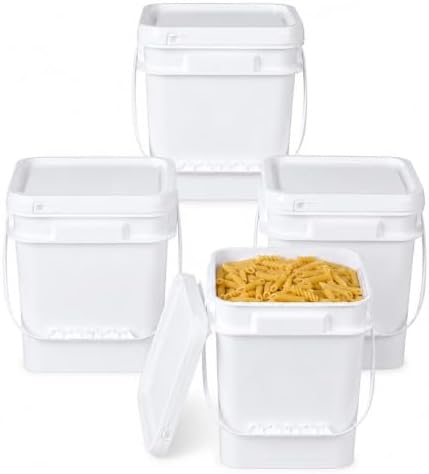 Square Clear Plastic Bucket Set - 4 Packs Airtight Storage Containers with Pressure Lids & Handle, Food Grade for Home & Outdoor (White, 1.3 gal) by UMETASS