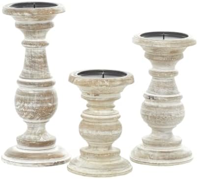 Deco 79 Mango Wood Decorative Candle Holder Turned Style Pillar Candle Stand, Set of 3 Candlestick Holder 6", 8", 10"H, Cream - Image 2