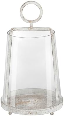 9" Wide Modern Farmhouse Metal Hurricane Candle Holder with Handmade Sturdy Glass Sleeve in Vintage White for Pillar Candle & Plants, Glass Hurricane Lantern, Industrial, Minimalistic by Unknown