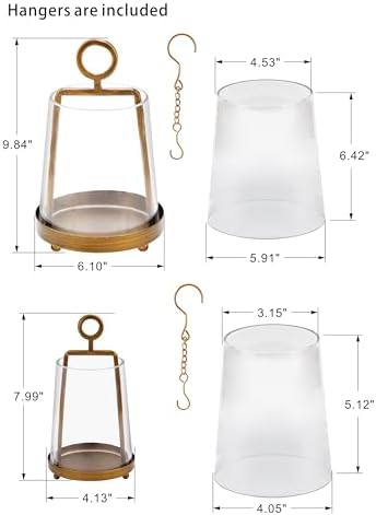 6" & 4" Wide Modern Farmhouse Metal Hurricane Candle Holder with Handmade Sturdy Glass Sleeve in Antique Brass for Pillar Candle & Plants, Glass Hurricane Lantern, Industrial, Minimalistic - Image 2