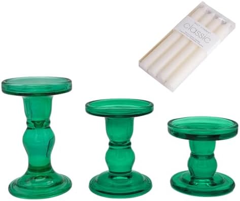 Green Glass Candle Holders Set of 3 Clear Candlestick Holders Vintage Candle Stands for Pillar Taper Candle Tealight Home Decor Table Centerpieces Christmas, Candleholder Sets with 4 Pcs Taper Candles by FESTLOVE