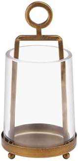 3.3" Wide Modern Farmhouse Metal Hurricane Candle Holder with Handmade Sturdy Glass Sleeve in Antique Brass for Pillar Candle & Plants, Glass Hurricane Lantern, Industrial, Minimalistic by Unknown
