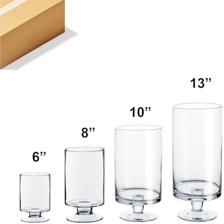 WGVI Clear Glass Pedestal Hurricane Candle Holder, 6"+8"+10"+13" H, Decorative Vase for Pillar Candles, Short Stemmed Candleholder Cylinder, Tabletop, Home Décor, 1 Set of All 4 Sizes - Image 2