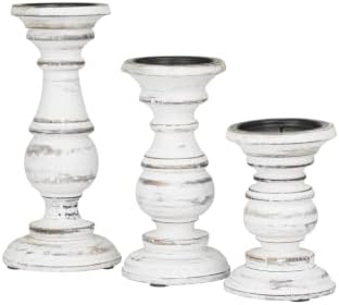 Deco 79 Mango Wood Decorative Candle Holder Turned Style Pillar Candle Stand, Set of 3 Candlestick Holder 10", 8", 6”H, White - Image 2