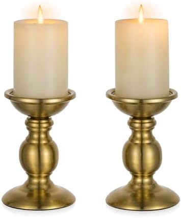 NUPTIO Gold Candle Holder for Table: Brass Pillar Stand for 3" Candles by Nuptio