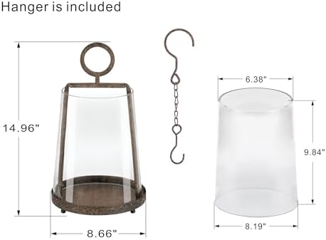 9" Modern Farmhouse Metal Hurricane Candle Holder with Handmade Sturdy Glass Sleeve in Rustic Brown for Pillar Candle & Plants, Glass Hurricane Lantern, Industrial, Minimalistic - Image 2