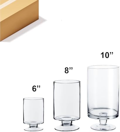 WGVI Clear Glass Pedestal Hurricane Candle Holder, 6"+8"+10" H, Decorative Vase for Pillar Candles, Short Stemmed Candleholder Cylinder, Tabletop, Home Décor, 1 Set of the Smaller 3 Sizes - Image 3