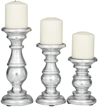 Deco 79 Traditional Mango Wood Pillar Candle Holder, Set of 3 10", 8", 6"H, Silver by Unknown