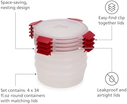 Joseph Joseph Nest Lock 8-piece Plastic BPA Free Round Food Storage Container Set with Lockable Airtight Leakproof Lids - Red - Image 4