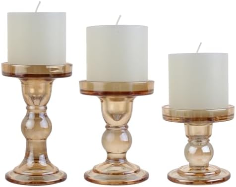 3-Piece Set of Amber Glass Candlestick, Crystal Candlestick Holder Holder and Conical Candle, Christmas Candle Holder Decoration, Family Living Room Wedding Candle Holder (Amber) - Image 3